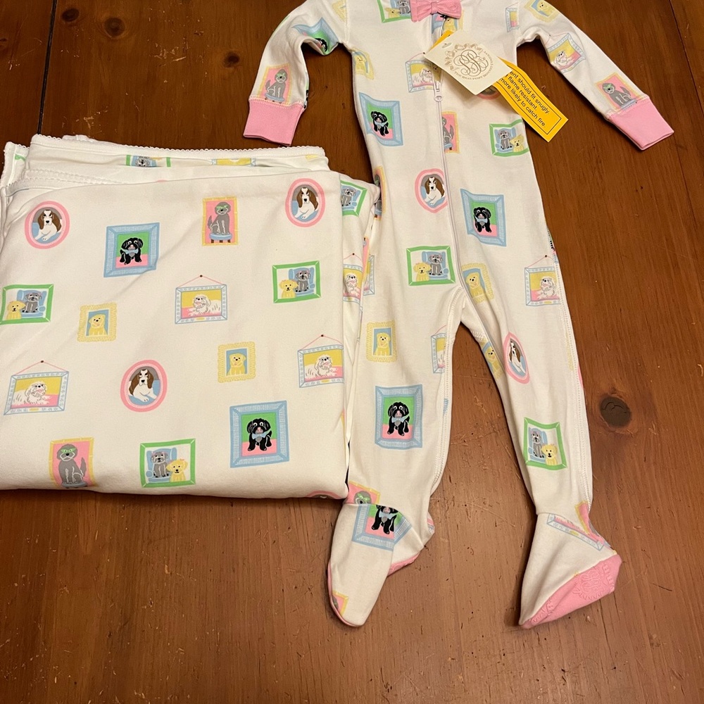 NWT 6-12M Puppy Paw-Ty Sleeper and NWOT Throw Blanket The Beaufort Bonnet